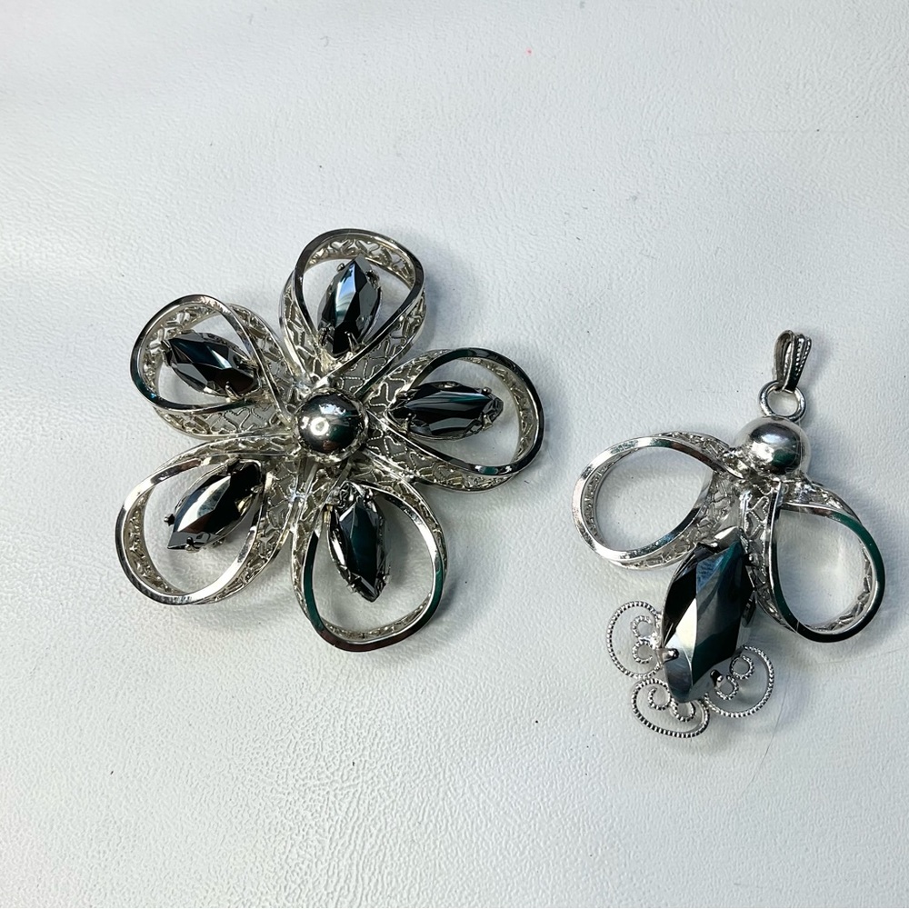 Vintage Alaska Black Diamond Sterling Silver Pendant & Brooch 1960’s Set